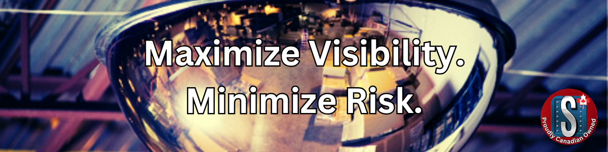 Industrial convex safety mirror reflecting a warehouse interior, with text "Maximize Visibility. Minimize Risk." overlayed, representing Skookum Tools' convex and dome inspection mirrors for workplace safety and visibility.